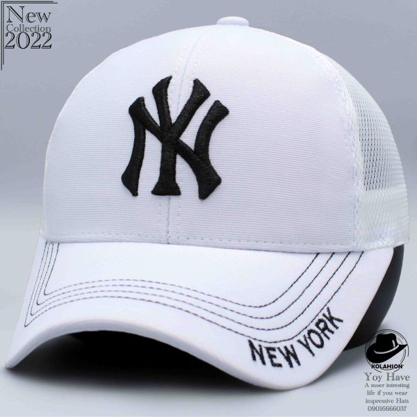 بزرگسال اسپرت بیسبالی پشت توری طرح NY با طرح نوشته ی کوچک نقاب NewYork رنگ های سفید ، صورتی ، مشکی کد KBEBTNYBTNKNNYRSSM005 scaled